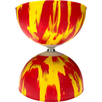 Diabolo Arlequin lumineux Fluxo avec une conception en rouge et jaune, affichant des motifs dynamiques et colorés, monté sur un axe central.