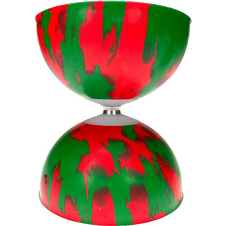 Diabolo Arlequin lumineux en couleurs rouge et vert, avec un design marbré. Il est composé de deux coupelles en forme de demi-sphères reliées par un axe central.