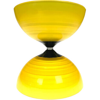 Diabolo de couleur jaune vif avec des stries, présentant une forme en sablier. Il est monté sur un axe noir, ce qui lui confère une esthétique moderne et colorée, idéal pour la jonglerie.