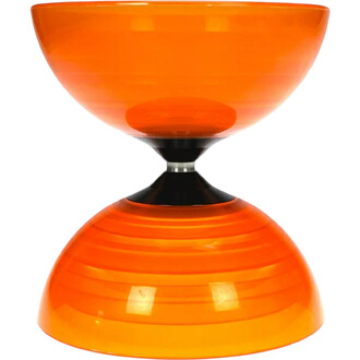 Diabolo Beach fixe en plastique orange avec une finition lisse, composé de deux coupelles superposées reliées par un axe central en métal noir. Le bas du diabolo présente des motifs en spirale, et l'ensemble est conçu pour une utilisation avec des baguett