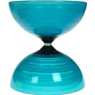 Diabolo Beach de couleur bleu, en plastique transparent, avec une forme en sablier. Il est composé de deux coupelles convexes reliées par un axe central noir, offrant une finition lisse et brillante. Idéal pour la jonglerie.