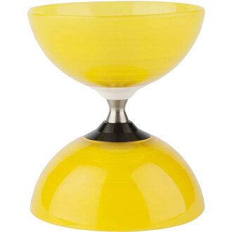 Diabolo Beach Free de couleur jaune, avec un design en deux parties : un bol supérieur et une base inférieure en forme de demi-sphère. Le diabolo est monté sur un axe en métal avec un élément de fixation noir.