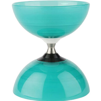 Diabolo Beach Free+ en couleur turquoise, présentant une moitié supérieure en forme de coupe et une moitié inférieure en forme de dôme, avec un axe central en métal noir et une partie blanche entre les deux.