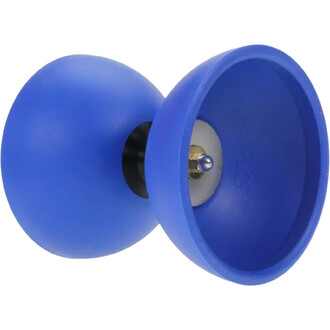 Diabolo de couleur bleue avec une finition mate, présentant une forme classique en deux parties, avec une visibilité sur l'axe central et une bille en métal au centre. L'image montre le diabolo sous un angle légèrement incliné, mettant en avant ses courbe