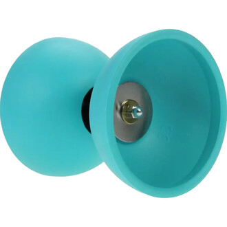 Diabolo de couleur turquoise vu de côté, avec des cercles extérieurs légèrement coniques et une finition mate. Le centre présente un système d'axe en métal et des détails de fixation.