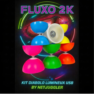 Kit diabolo lumineux USB Fluxo 2K par Netjuggler avec des diabolos colorés (bleu, rose, vert, jaune et orange) empilés sur un fond noir.