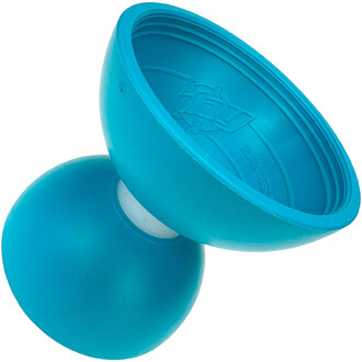 Diabolo bleu Fluxo lumineux, vue rapprochée montrant les deux coupelles et l’axe central blanc.