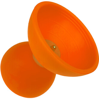 Diabolo lumineux orange Fluxo Comet, deux coupelles orange avec axe central en métal (vue oblique)