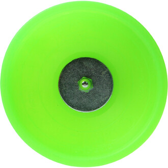 Diabolo lumineux Fluxo vert néon vu de dessus, avec axe central et écrou métallique.