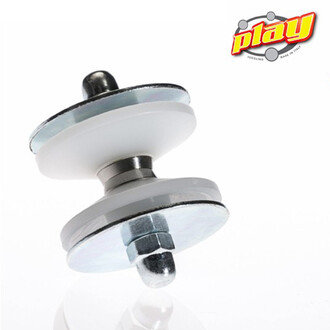 Kit diabolo Comet lumineux Fluxo – assemblage montrant l’axe central et deux plateaux blancs avec boulon et contre-écrou, vue oblique.