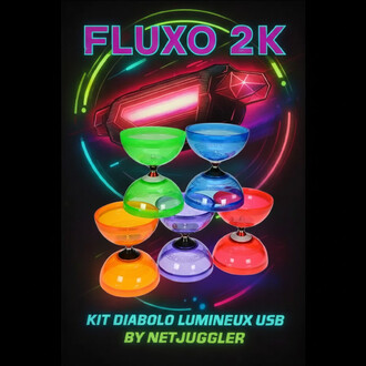 Kit diabolo lumineux Fluxo avec sept diabolos colorés (orange, vert, bleu, violet et rouge) disposés en pyramide sur un fond noir avec des éléments graphiques lumineux. Texte en haut indiquant FLUXO 2K et en bas KIT DIABOLO LUMINEUX USB BY NETJUGGLER.