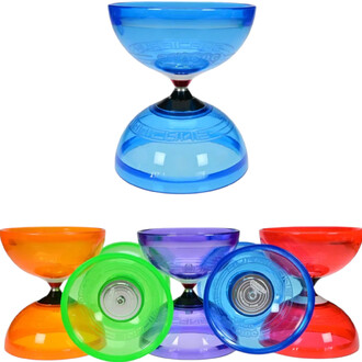 Kit diabolo Hurricane Lumineux Fluxo avec un diabolo bleu en haut, accompagné de dédoublements colorés en orange, vert, violet et rouge en bas. Chaque diabolo a une structure en plastique transparent.