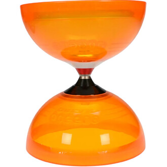 Diabolo lumineux de couleur orange, avec une forme en sablier, affichant une base et un sommet sphériques et un axe central. Le dessus et le dessous sont translucides, laissant transparaître la lumière.