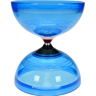 Diabolo Hurricane Lumineux Fluxo en plastique bleu translucide avec un design en deux parties, comprenant une tasse supérieure et une base. La tige noire au centre relie les deux parties.