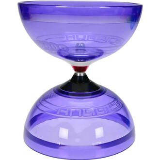 Diabolo Hurricane Lumineux Fluxo de couleur violet transparent, avec un design en forme de double coupe. La partie centrale est équipée d'un axe noir, tandis qu'un élément rouge se trouve à la base. Le nom HURRICANE est inscrit sur la surface du diabolo.