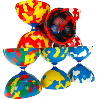 Kit diabolo Jester Lumineux Fluxo, composé de plusieurs diabolos empilés, affichant des motifs colorés en rouge, jaune, bleu et vert, avec une finition brillante et des designs variés sur chaque diabolo.