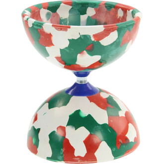 Diabolo Jester lumineux Fluxo avec un motif coloré composé de rouge, vert et blanc. Le corps en plastique présente une finition lisse, et la tige centrale est de couleur bleue.