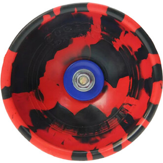 Diabolo Jester Lumineux Fluxo vu de dessus, avec une coupe en plastique de couleur rouge et noir, affichant un motif marbré, et un centre bleu avec un écrou en métal visible.