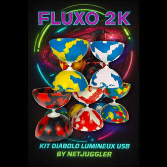 Kit diabolo Jester XL Lumineux Fluxo, composé de plusieurs diabolo colorés en haut relief, montrant des motifs variés en bleu, jaune, rouge et blanc, avec un fond noir et des éléments lumineux. Texte FLUXO 2K en haut et KIT DIABOLO LUMINEUX USB BY NETJUGG