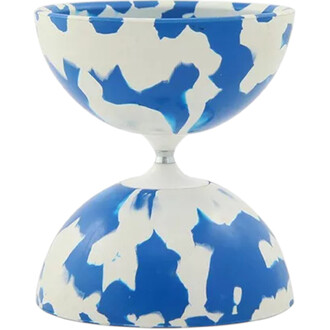 Diabolo lumineux Jester XL en plastique, présentant un design coloré avec des motifs bleu et blanc, caractérisé par sa forme en sablier et son corps lisse.