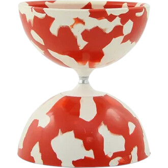 Diabolo Jester XL lumineux Fluxo avec une coque rouge et blanche, présentant un motif éclaboussé. Le diabolo est composé de deux coupelles en forme de demi-sphère, reliées par un axis central en métal.