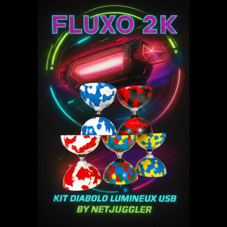 Kit diabolo Jester à roulement lumineux Fluxo, comprenant plusieurs diabolos colorés disposés sur un fond dynamique avec des lumières néon. Les diabolos affichent des motifs multicolores, avec des nuances de rouge, bleu, noir et blanc. Le tout est accompa