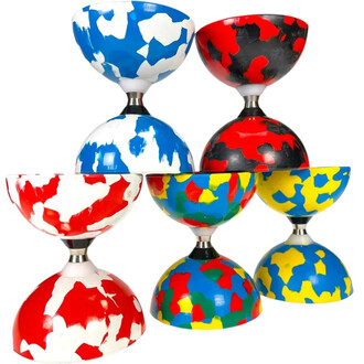 Kit diabolo Jester à Roulement Lumineux Fluxo, composé de six diabolos colorés. Les diabolos présentent des motifs variés avec des couleurs vives, notamment le bleu, le rouge, le jaune, le noir et le vert, et sont empilés de manière artistique.