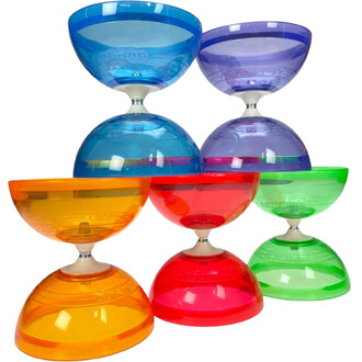 Cinq diabolos lumineux de différentes couleurs sont empilés les uns sur les autres. Les couleurs incluent le bleu, le violet, l'orange, le rouge et le vert, avec des bases en forme de coupole. Chaque diabolo présente une finition lisse et brillante, metta