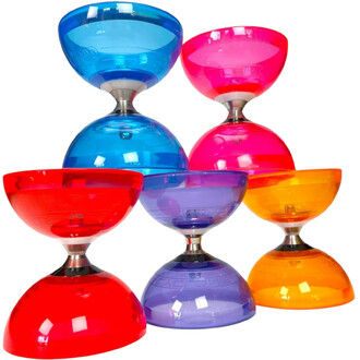Cinq diabolo en plastique coloré, deux de couleur bleue, un rose, un violet et un orange, disposés en pyramide. Chaque diabolo a un corps transparent qui laisse entrevoir sa couleur vive, avec un cône métallique central.
