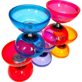 Kit de diabolos Quartz lumineux Fluxo, composé de plusieurs diabolos de couleurs vives, incluant du bleu, rose, rouge, violet et orange, empilés de manière attrayante avec une structure métallique au centre, sur fond blanc.