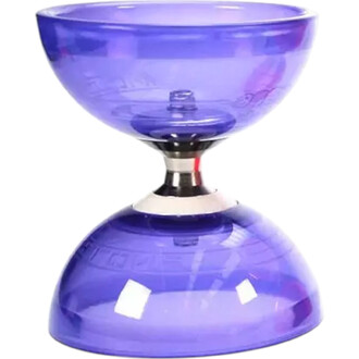 Diabolo Quartz Lumineux Fluxo, couleur violet translucide, avec une forme classique en sablier. Le diabolo est monté sur un axe en métal brillant, offrant une esthétique moderne et dynamique, parfait pour la jonglerie.
