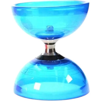 Diabolo lumineux de couleur bleue avec un design en forme de sablier, composé de deux coupelles transparentes et d'un axe central en métal.