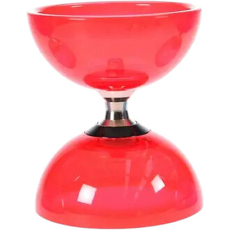 Diabolo Quartz Lumineux Fluxo de couleur rouge, présentant une forme arrondie avec un bol supérieur et un bol inférieur. Il est doté d'un axe central en métal visible au milieu.