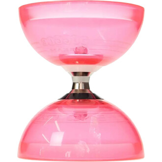 Diabolo lumineux de couleur rose translucide, avec deux coupelles arrondies reliées par un axe en métal. Les coupelles sont légèrement brillantes, ce qui donne un effet attractif au produit.
