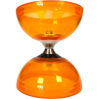 Diabolo lumineux de couleur orange, composé de deux coupelles en plastique transparent reliées par un axe métallique central. Les coupelles présentent une forme ample et arrondie, avec un design lisse et brillant, mettant en avant la lumière et les reflet