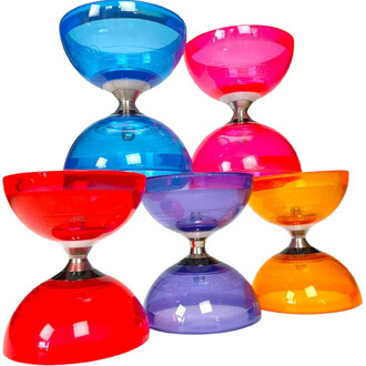 Cinq diabolo de couleurs vives (bleu, rose, violet, rouge et orange) disposés en pyramide, chacun avec un design en forme de coupe et une base en métal. Les diabolos sont en plastique transparent et lumineux, offrant un aspect attrayant pour les jongleurs