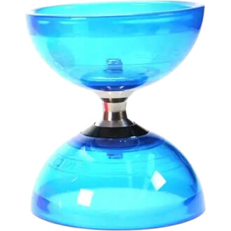 Diabolo en plastique transparent bleu avec une forme en sablier, montrant une finition lisse et un axe central en métal.