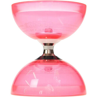 Diabolo lumineux de couleur rose, constitué de deux récipients en plastique translucide, reliés par un axe en métal. Les deux parties sont arrondies et symétriques, offrant un design moderne et attrayant.