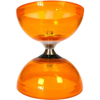 Diabolo Quartz lumineux de couleur orange translucide, composé de deux coupelles hémisphériques reliées par un axe central en métal. Le produit met en avant un design moderne et attrayant, idéal pour la jonglerie et les performances.