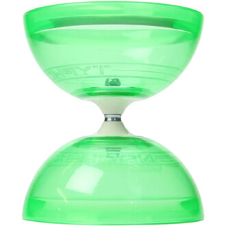 Diabolo Typhoon en plastique transparent vert, avec une structure en forme de sablier et un axe central en blanc.
