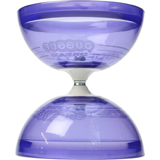 Diabolo Typhoon en couleur violet transparent, vu de face avec un corps en deux parties et un axe central. La partie supérieure et inférieure présente une finition lisse et brillante, avec des inscriptions visibles sur la surface.