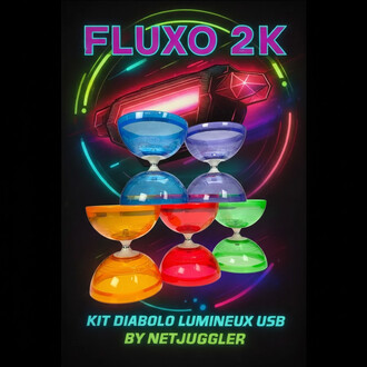 Cinq diabolos lumineux en plastique coloré (orange, rouge, vert, bleu et violet) sont disposés en pyramide sur un fond vibrant avec des éléments graphiques lumineux. Le texte FLUXO 2K est en haut, et en bas est indiqué KIT DIABOLO LUMINEUX USB BY NETJUGGL