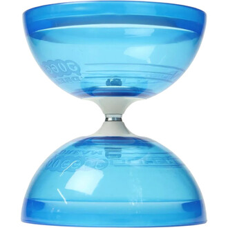 Diabolo Typhoon Lumineux Fluxo de couleur bleu, montrant sa forme en sablier avec deux coupelles semi-transparentes et un axe central en métal.