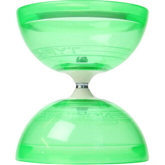 Diabolo Typhoon lumineux de couleur verte, présentant une conception en deux coupelles souples et transparentes, reliées par un axe central.