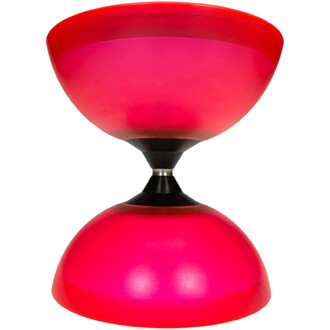 Diabolo Vision en couleur rose translucide, avec une forme en sablier, monté sur un axe central noir, conçu pour la jonglerie.