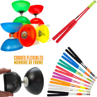 Kit Diabolo Vision Free avec des coques flexibles et un design coloré, accompagné de baguettes Superglass rouges et une variété de baguettes dans différentes couleurs, ainsi qu'une main tenant un diabolo noir. Texte Coques flexibles mémoire de forme en su