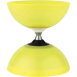 Diabolo Vision Free de couleur jaune vif, constitué de deux parties en forme de coupe, reliées par un axe central en métal. Le produit est conçu pour la jonglerie et présente une surface lisse et brillante.
