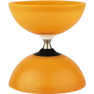 Diabolo de couleur orange translucide avec une forme conique, présenté sur un socle noir. Visible de face, le diabolo montre sa structure avec des courbes lisses et un aspect brillant.