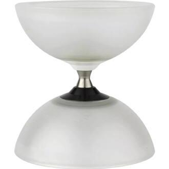 Diabolo Vision Free, en plastique translucide, de forme ronde et symétrique, avec des bases légèrement évasées. La partie centrale est en métal noir, reliant les deux coquilles.