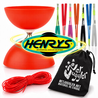 Kit diabolo Vision Free rosso con logo Henrys, bacchette Superglass abbinate, corda di ricambio rossa e borsa da trasporto NetJuggler nera.